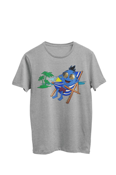 WooHooBerry enjoying the beach scenery, comfortably seated shirtless on a beach chair. The beach chair is branded with 'WooHoo.' The gray T-shirt harmonizes with the relaxed and sun-soaked atmosphere.